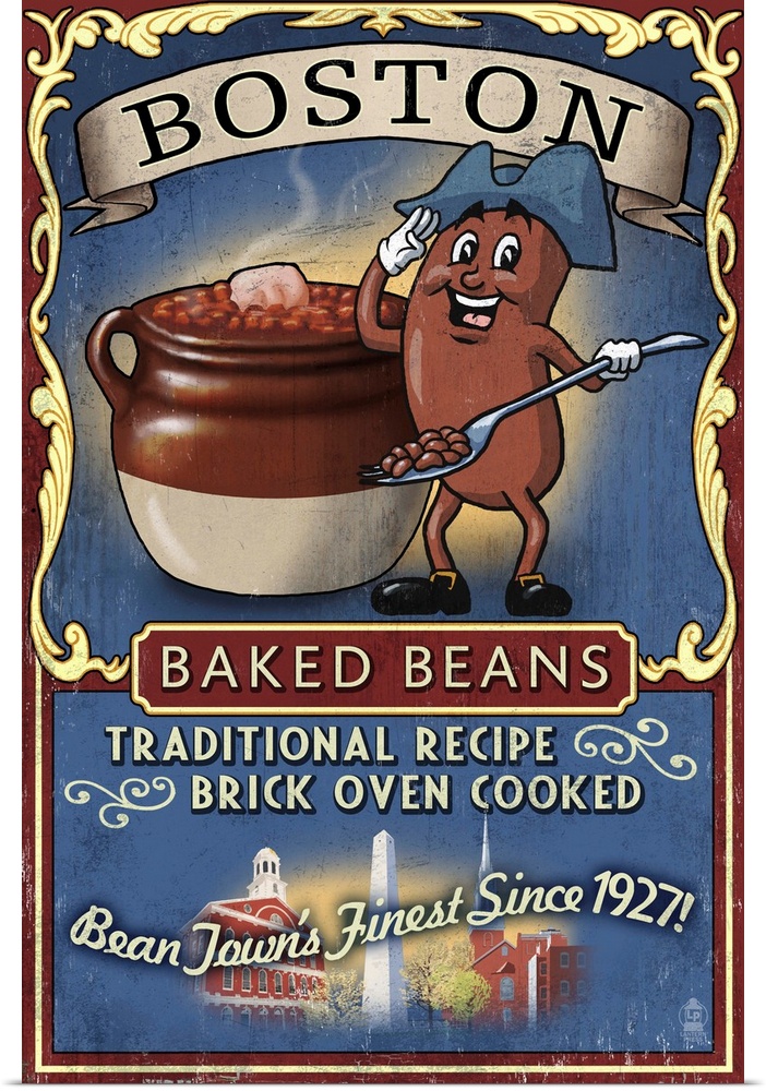 Retro stylized art poster of a vintage sign advertising baked beans.