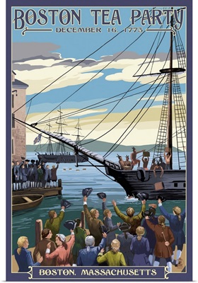 Boston, Massachusetts - Boston Tea Party Scene: Retro Travel Poster