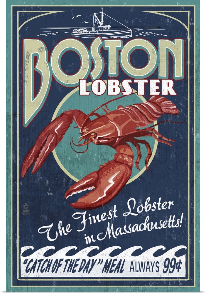 Retro stylized art poster of a vintage seafood market sign displaying a lobster