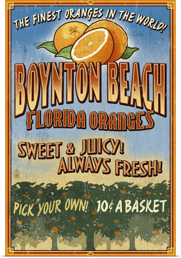 Boynton Beach, Florida - Orange Grove Vintage Sign: Retro Travel Poster