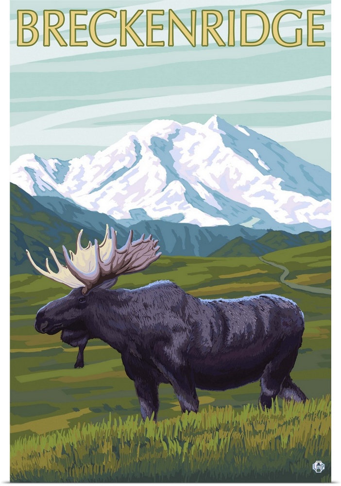 Breckenridge, Colorado - Moose and Mountain: Retro Travel Poster