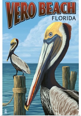 Brown Pelicans - Vero Beach, Florida: Retro Travel Poster