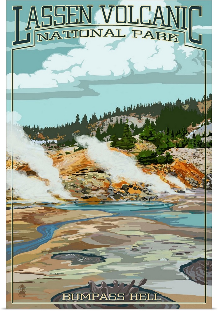 Retro stylized art poster of volcanic hot spring, with steam rising.