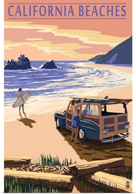California Beaches - Woody on Beach: Retro Travel Poster