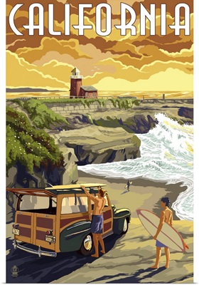 California Coast - Woody and Lighthouse: Retro Travel Poster