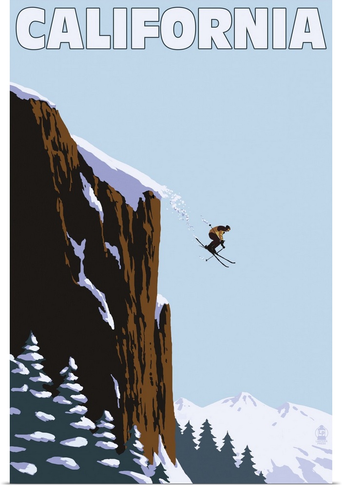 California - Skier Jumping: Retro Travel Poster