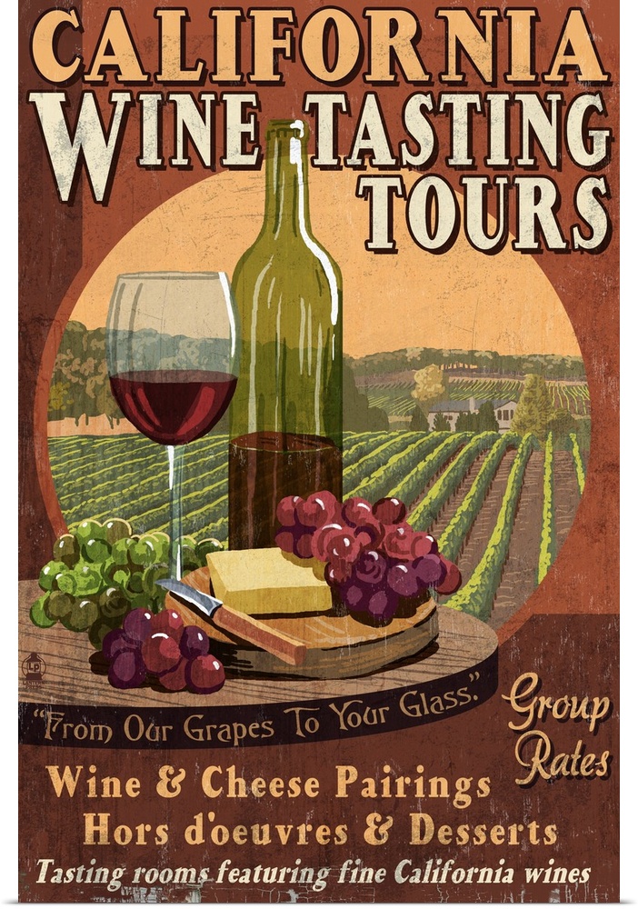 A retro stylized art poster advertising vineyard tours with a bottle, glass of vine, grapes, and block of cheese.