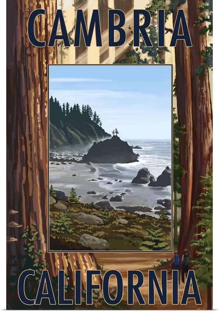 Cambria, California - Redwoods and Coast Scene: Retro Travel Poster