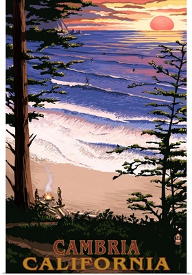 Cambria, California - Sunset and Surfers : Retro Travel Poster