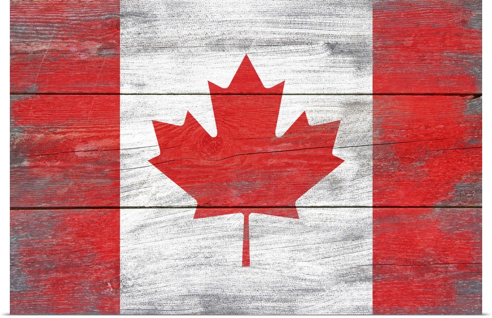 The flag of Canada with a weathered wooden board effect.