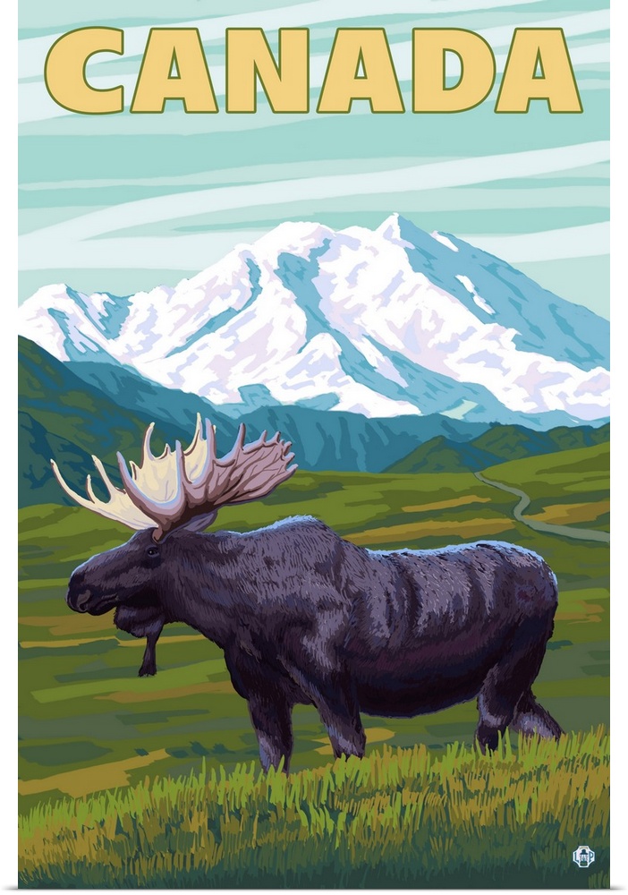 Canada - Moose and Mountain: Retro Travel Poster