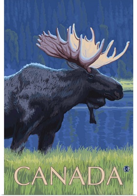 Canada - Night Moose: Retro Travel Poster