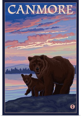 Canmore, Alberta, Canada - Bear and Cub: Retro Travel Poster