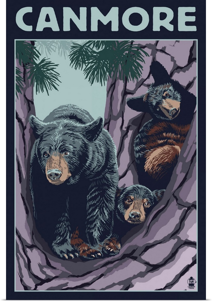 Retro stylized art poster of a black bear mother with her two cubs in a tree.