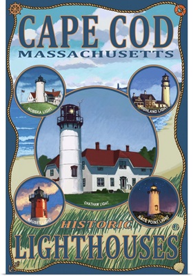 Cape Cod Lighthouses, MA: Retro Travel Poster
