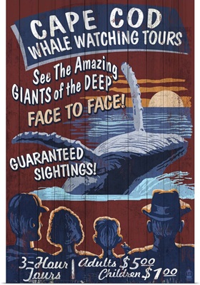 Cape Cod, Massachusetts - Blue Whale Watching Vintage Sign: Retro Travel Poster