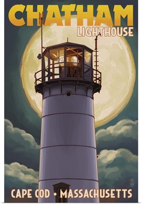 Cape Cod, Massachusetts - Chatham Light and Full Moon: Retro Travel Poster