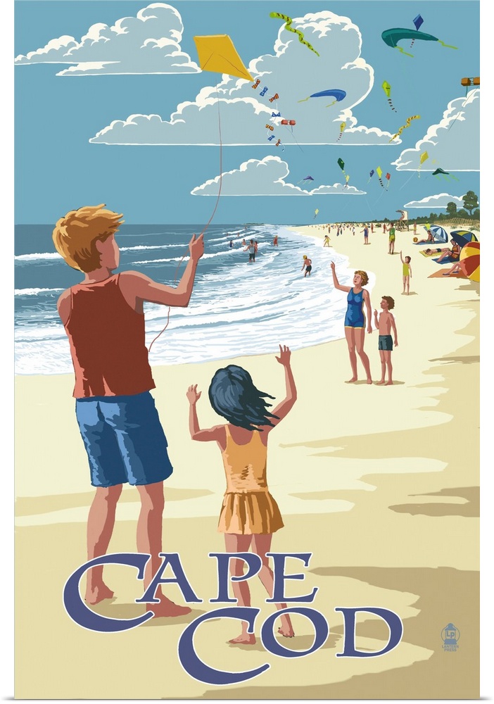 Retro stylized art poster of children flying kites on a beach.