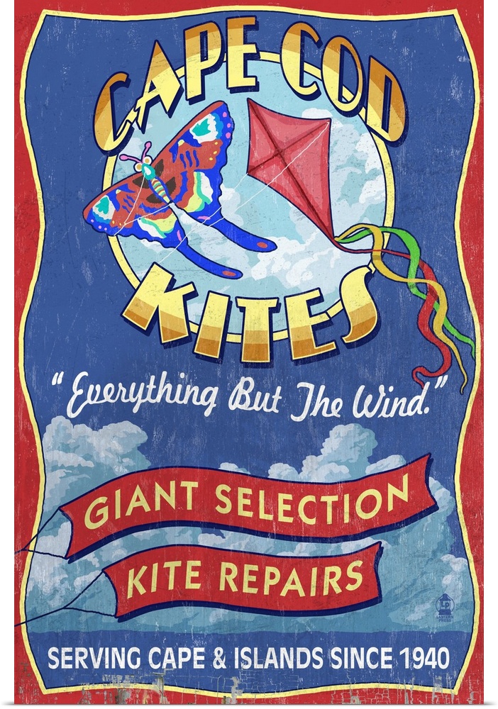 Retro stylized art poster of a vintage sign, displaying soaring kites.