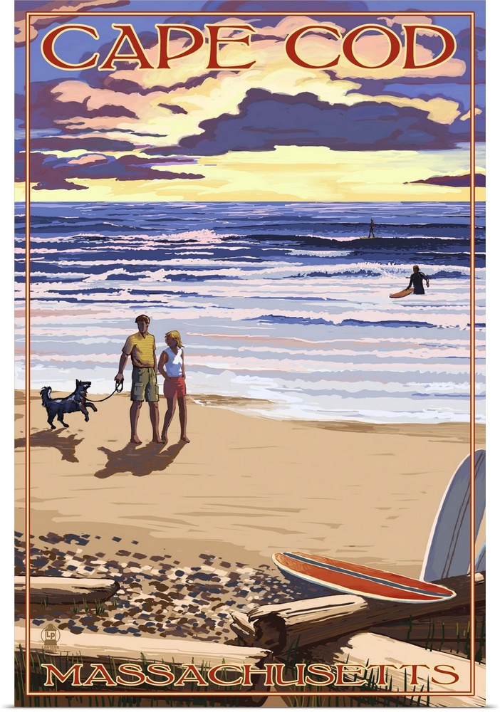 Retro stylized art poster of a couple on a beach at sunset.