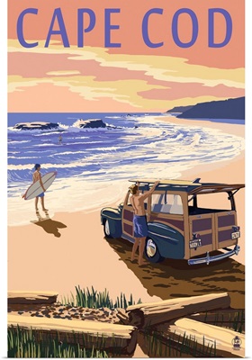 Cape Cod, Massachusetts - Woody on Beach: Retro Travel Poster