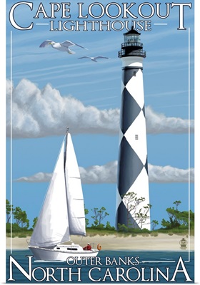 Cape Lookout Lighthouse - Outer Banks, North Carolina: Retro Travel Poster