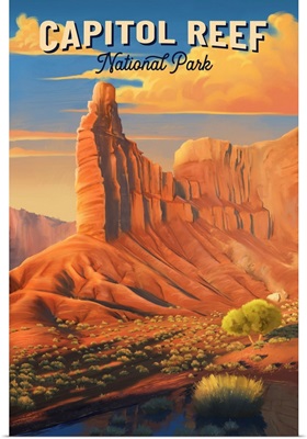 Capitol Reef National Park, Chimney Rock: Retro Travel Poster