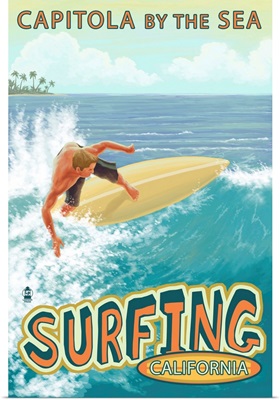 Capitola, California - Capitola By the Sea Surfer Scene: Retro Travel Poster