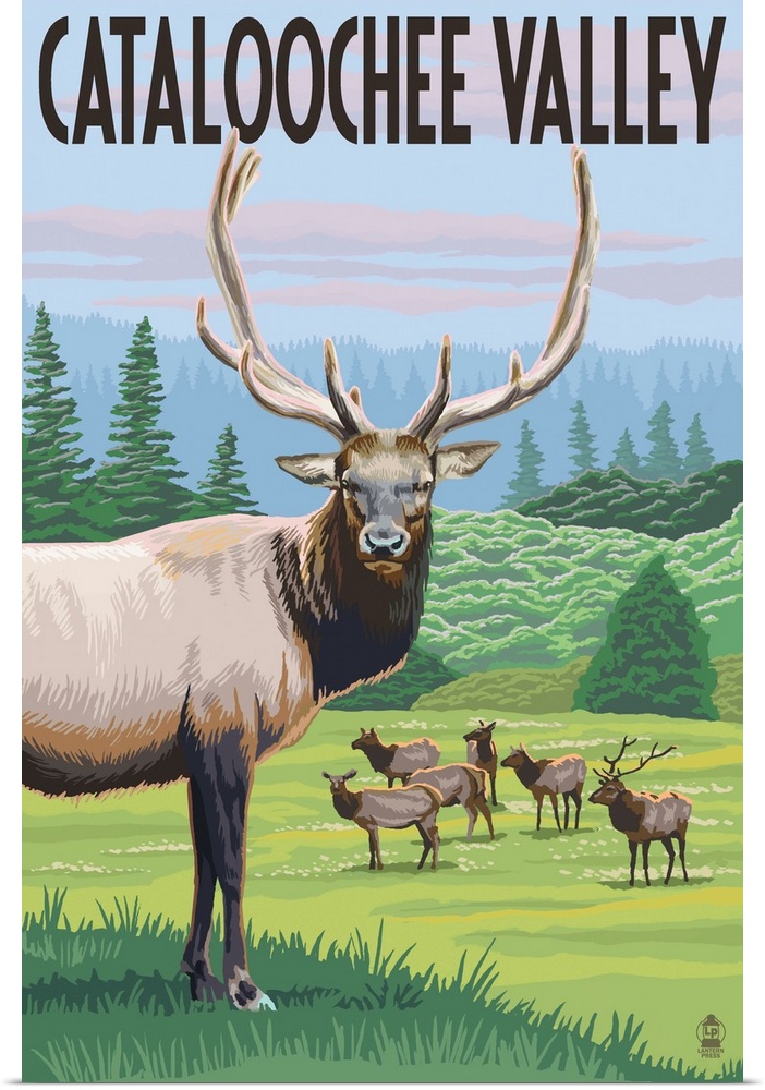 Retro stylized art poster of an elk gazing, with a herd of elk in the background grazing in the wilderness.