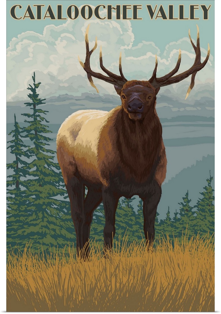Retro stylized art poster of an elk in the wilderness, gazing deeply at the viewer.