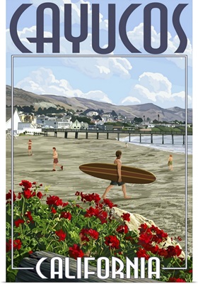 Cayucos, California -  Beach and Pier Scene: Retro Travel Poster