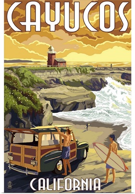 Cayucos, California -  Woody and Lighthouse: Retro Travel Poster