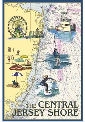 Central Jersey Shore - Nautical Chart: Retro Travel Poster