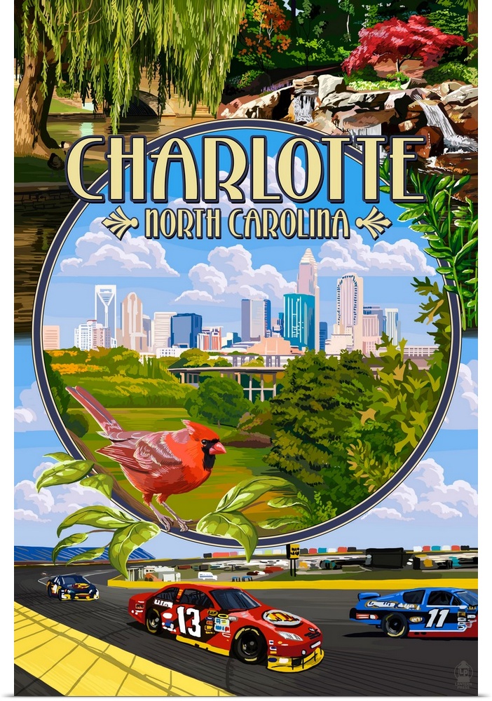 Retro stylized art poster of race cars on a track, and a city skyline in the center of the image.