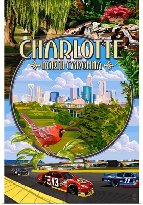 Charlotte, North Carolina - Montage Scenes: Retro Travel Poster