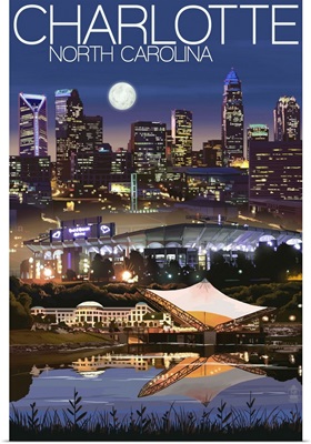Charlotte, North Carolina - Skyline at Night: Retro Travel Poster