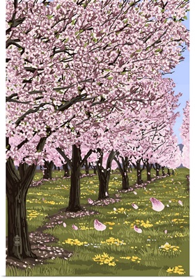 Cherry Orchard Blossoms: Retro Poster Art
