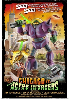 Chicago Versus Astro Invaders: Retro Travel Poster