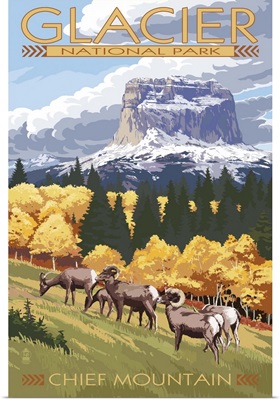 Chief Mountain and Big Horn Sheep - Glacier National Park, Montana: Retro Travel Poster