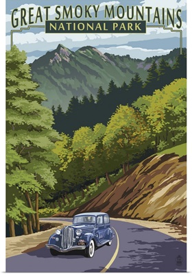 Chimney Tops and Road - Great Smoky Mountains National Park, TN: Retro Travel Poster