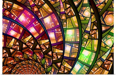Close Up Of Geometric Stained Glass With Sun Shining Through