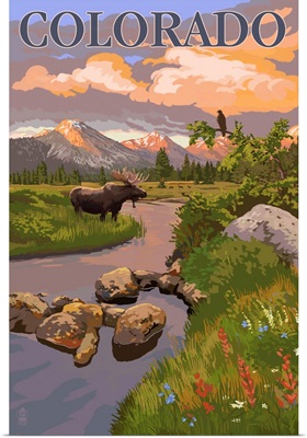 Colorado - Moose and Meadow Scene: Retro Travel Poster