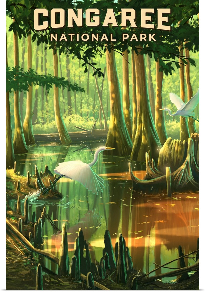 Congaree National Park, Heron In Marshes: Retro Travel Poster