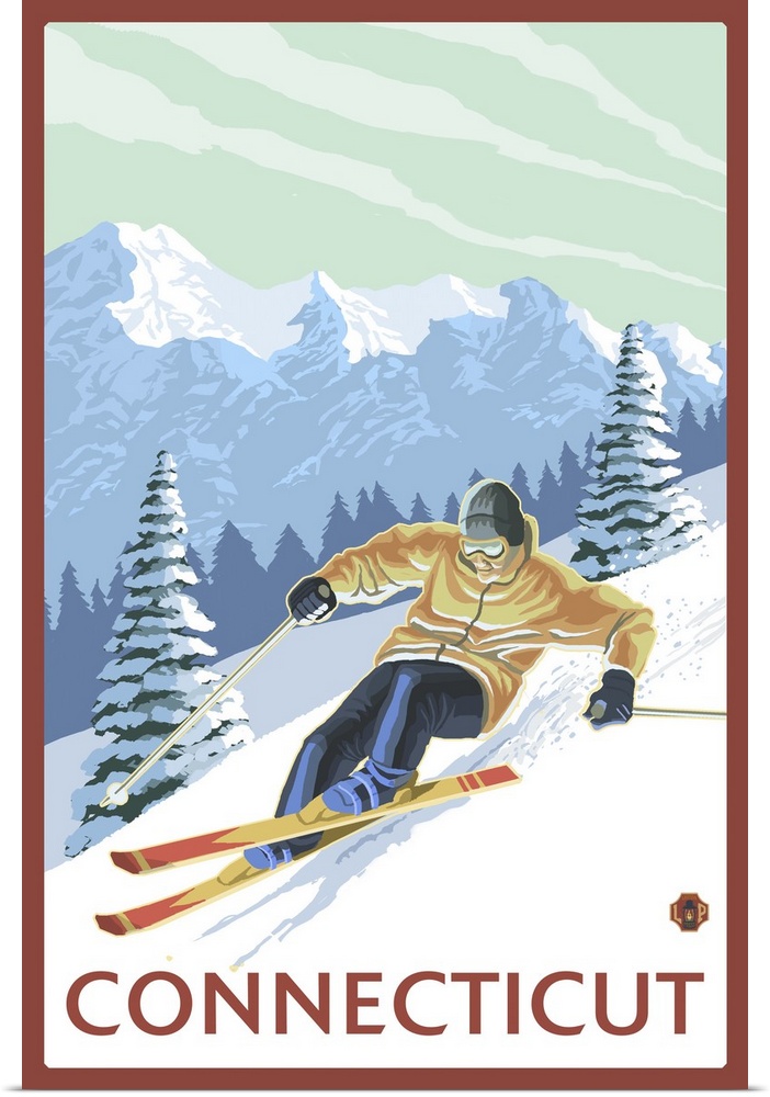 Connecticut - Downhill Skier Scene: Retro Travel Poster