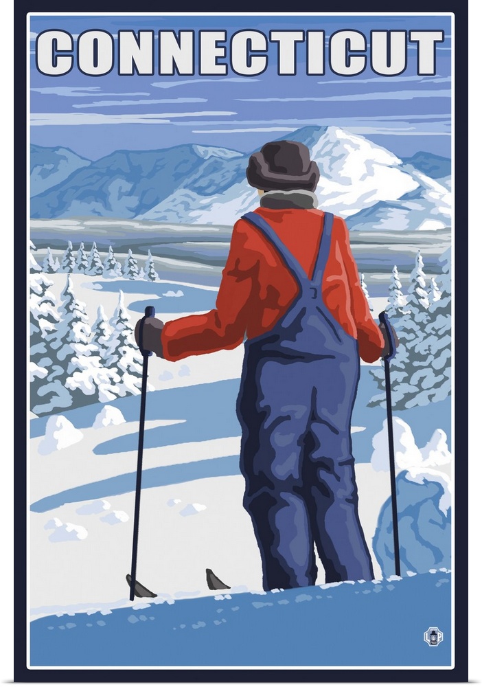 Connecticut - Skier Admiring View: Retro Travel Poster