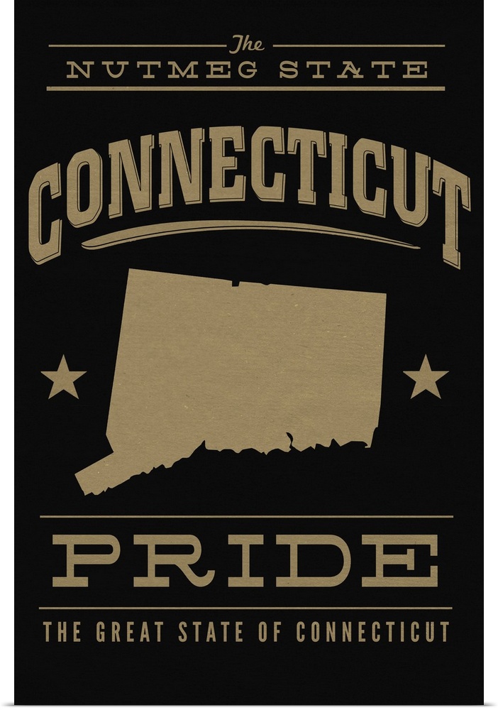 The Connecticut state outline on black with gold text.