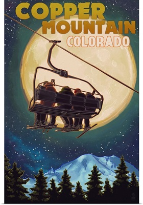 Copper Mountain, Colorado - Ski Lift and Full Moon: Retro Travel Poster