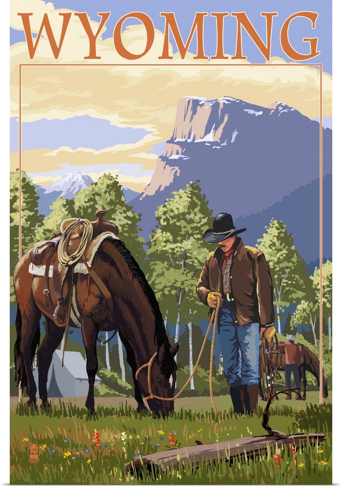 Retro stylized art poster of a cowboy letting his horse graze on lush green grass.