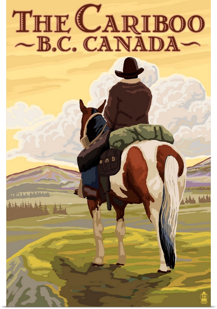 Retro stylized art poster of a cowboy on horseback looking out over a rugged landscape.