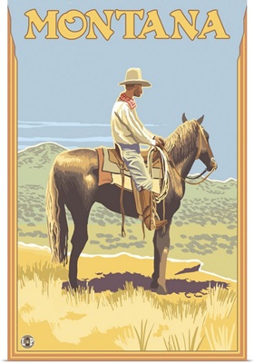 Cowboy on Horseback - Montana: Retro Travel Poster
